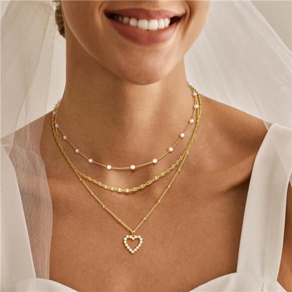 Layered Gold Pearl Heart Necklace | 14K Plated Chains - Picture 2 of 4